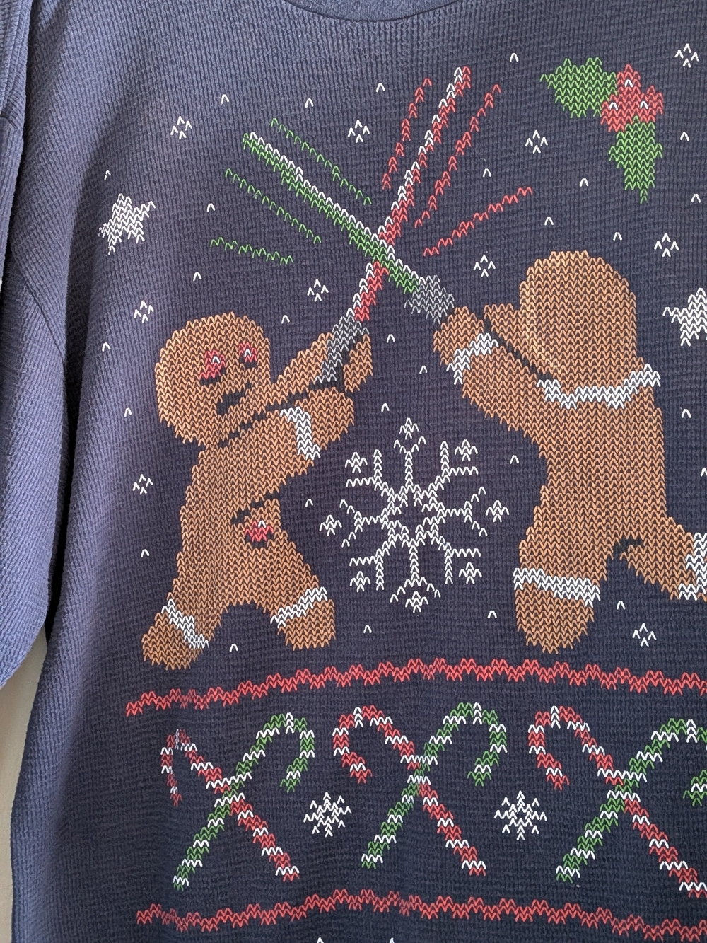 Star Wars Men's Navy Crewneck Holiday Sweater with Gingerbread Motif